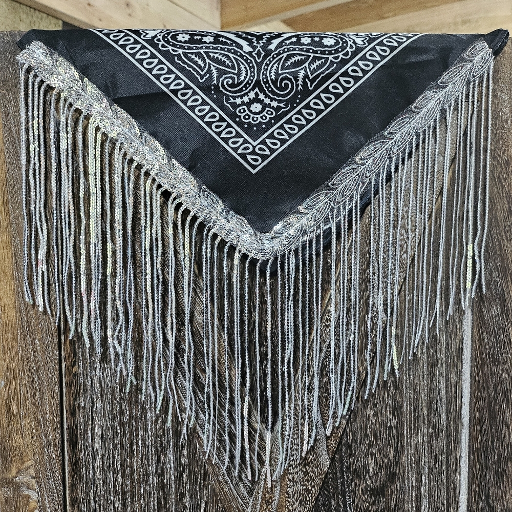 NWT Black Bandana Wild Rag with Sequin Fringe